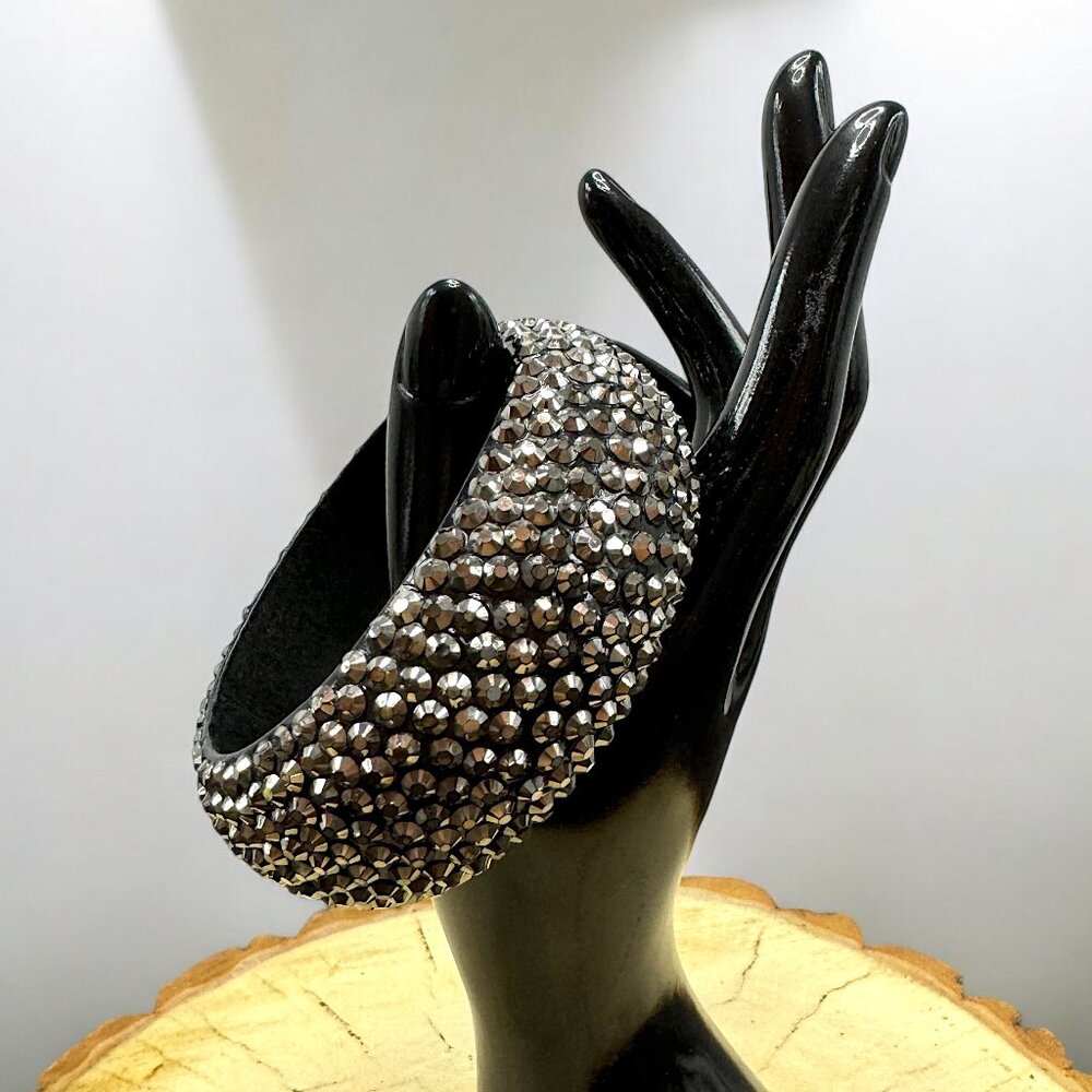 Bling Wide Bangle Bracelet Grey Faceted Stones